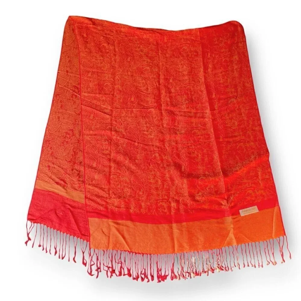 Womens Pashmina Silk Scarf Orange Red Paisley Boho Fringe Oversized Artsy